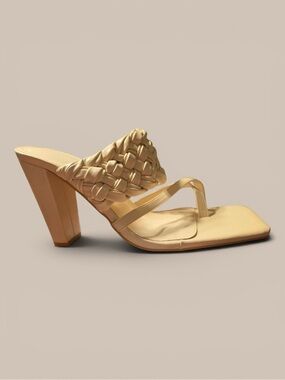 Beige Braided Leather High Heel Slide Sandals - Women